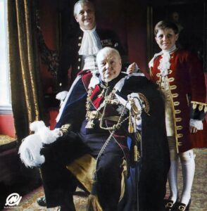 Winston Churchill in his Knight of the Garter robes, his son Randolph, and grandson, Winston. Queen Elizabeth II's Coronation day, 1953.   Photographer: Toni Frissell